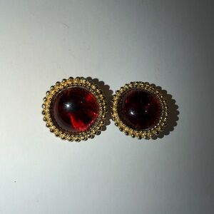 Vtg Huge Ellen Designs Burgundy Cabochon Button Clip-On Earrings